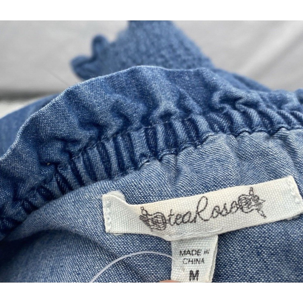 Retro 70s Chambray Top M Denim Blue On or Off Shoulder Wide Ruched Waist Ruffle - Picture 7 of 12